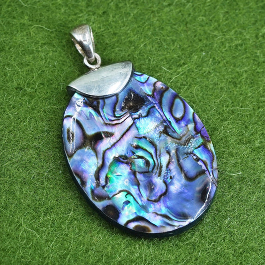 Vintage sterling 925 silver handmade oval pendant with abalone inlay