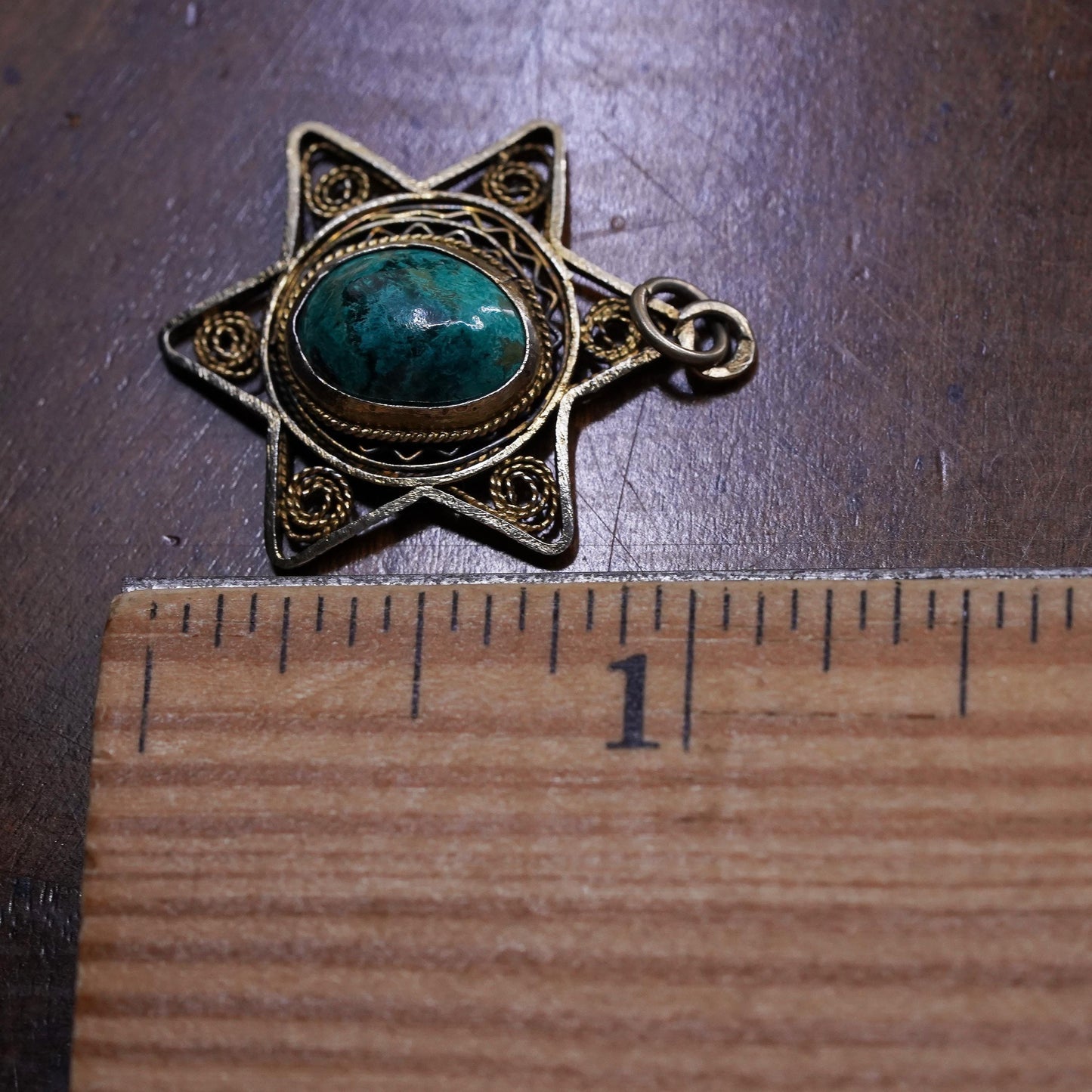 Vintage Sterling silver handmade pendant, 925 filigree hexagram oval turquoise