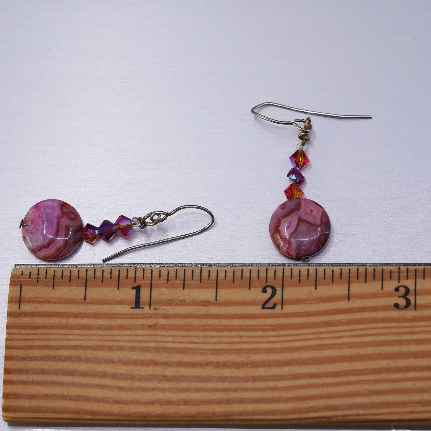 Vintage sterling 925 silver handmade earrings, with circle pink agate dangle
