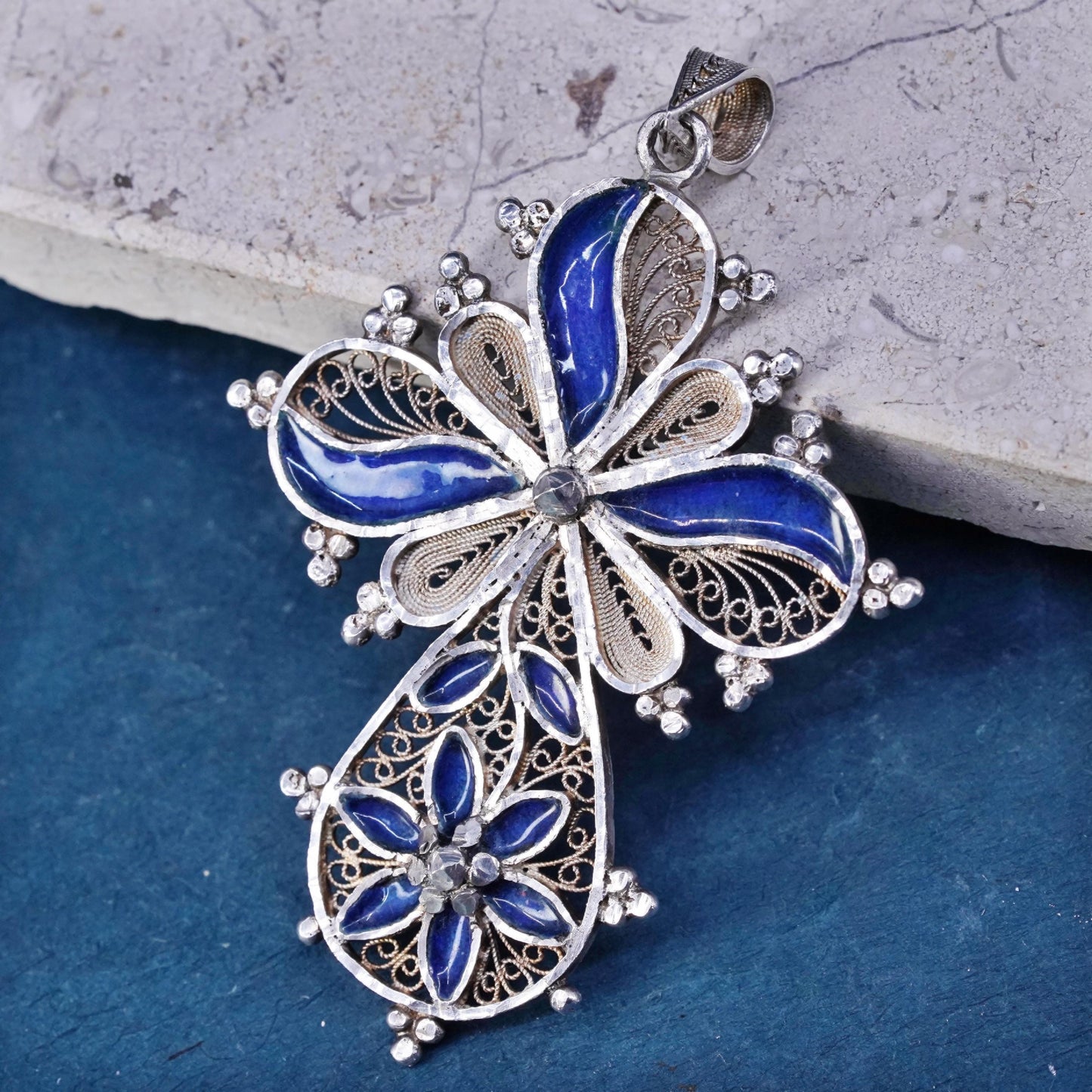 Vintage Sterling silver handmade pendant, huge 925 filigree cross blue enamel