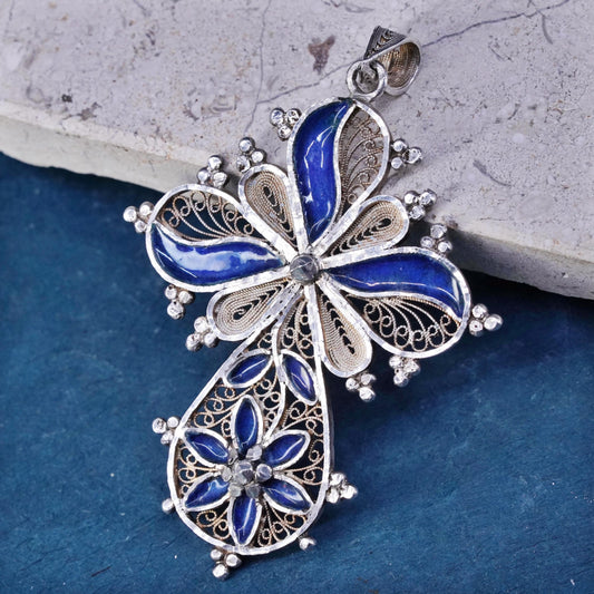 Vintage Sterling silver handmade pendant, huge 925 filigree cross blue enamel