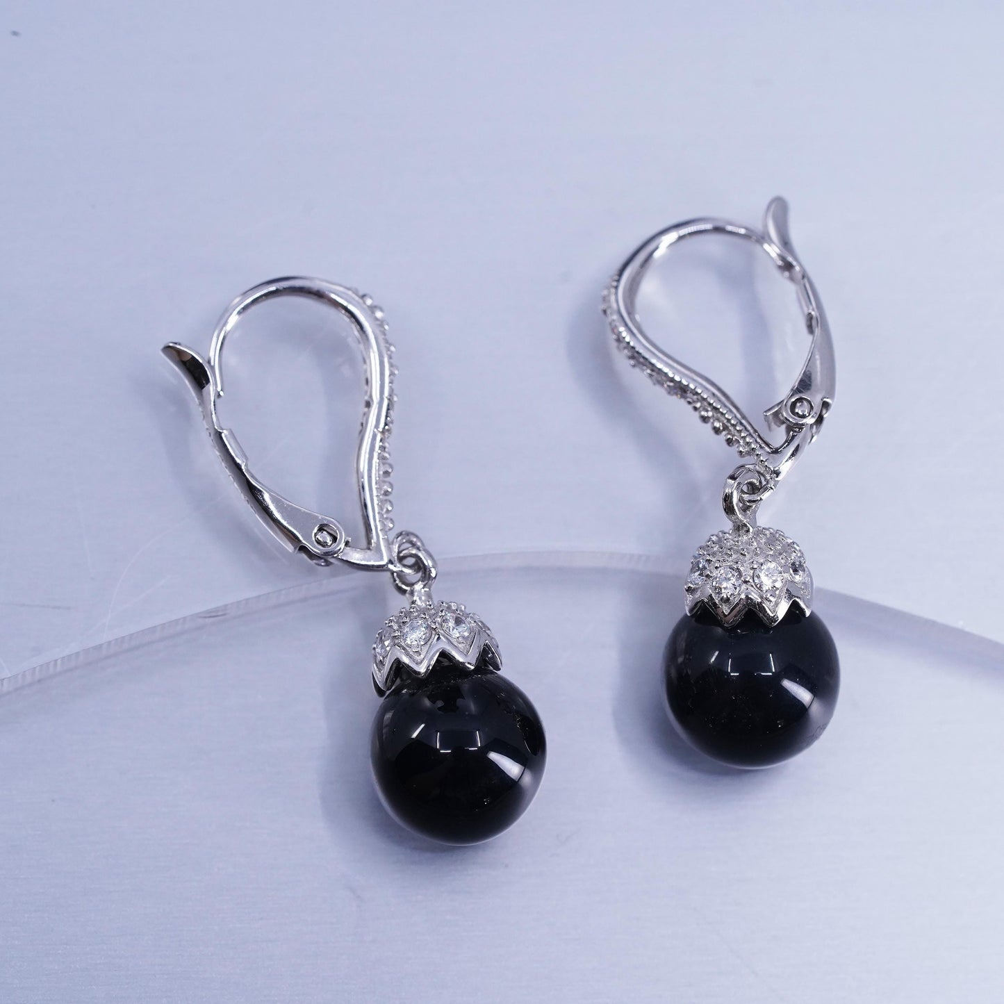 vintage Sterling silver earrings, 925 lever back with onyx beads and cz