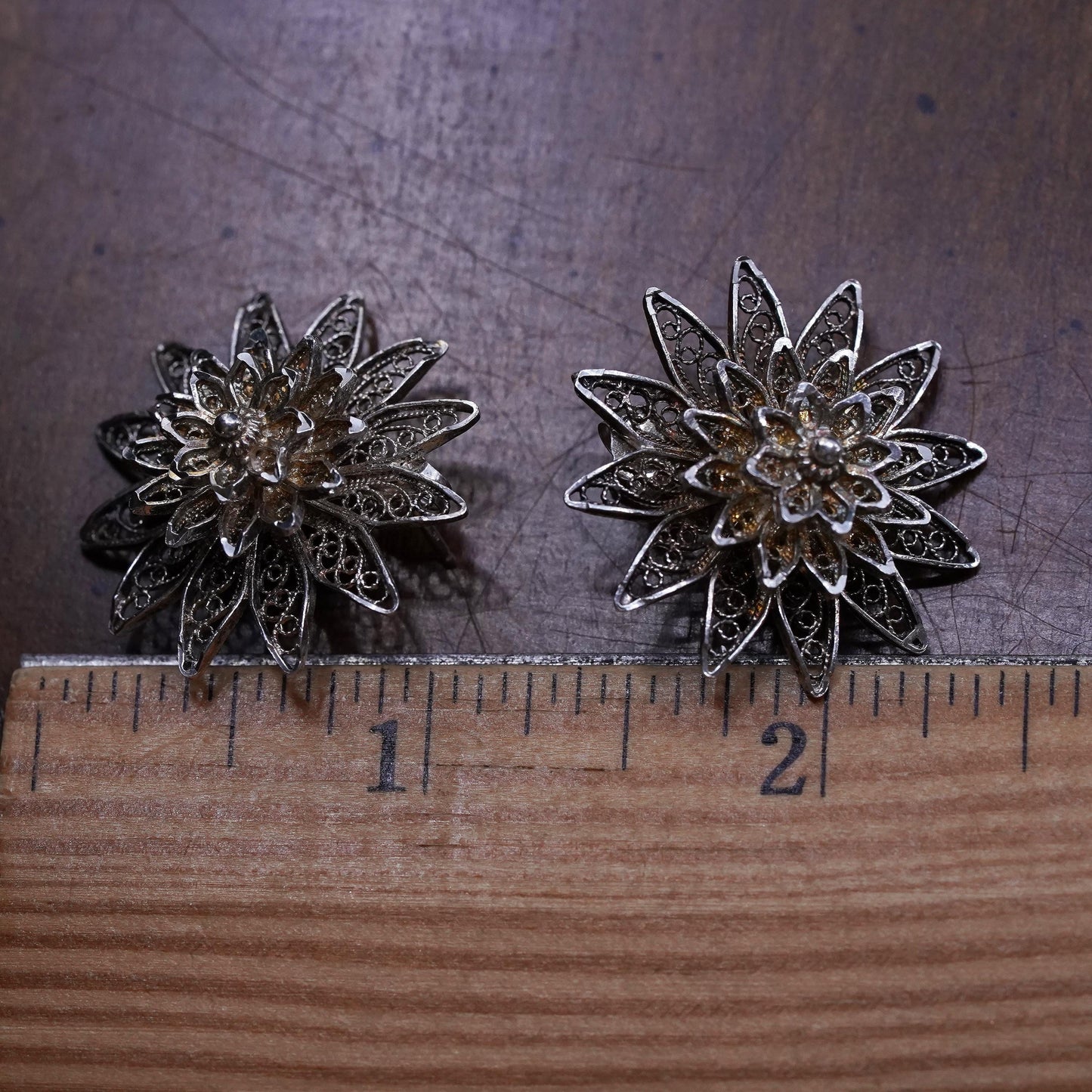 Vintage sterling silver handmade earrings, 925 filigree flower studs