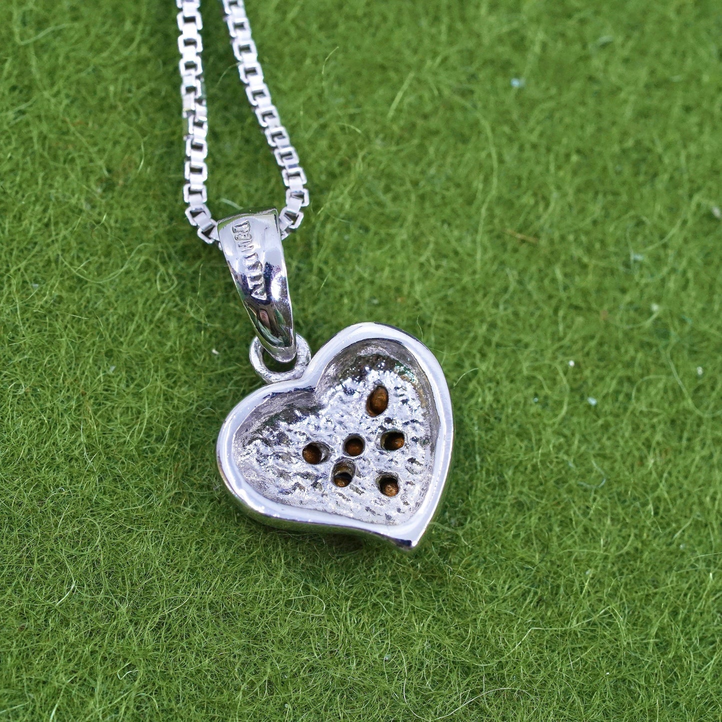 16”, Vintage sterling silver box chain necklace with cluster Cz heart pendant