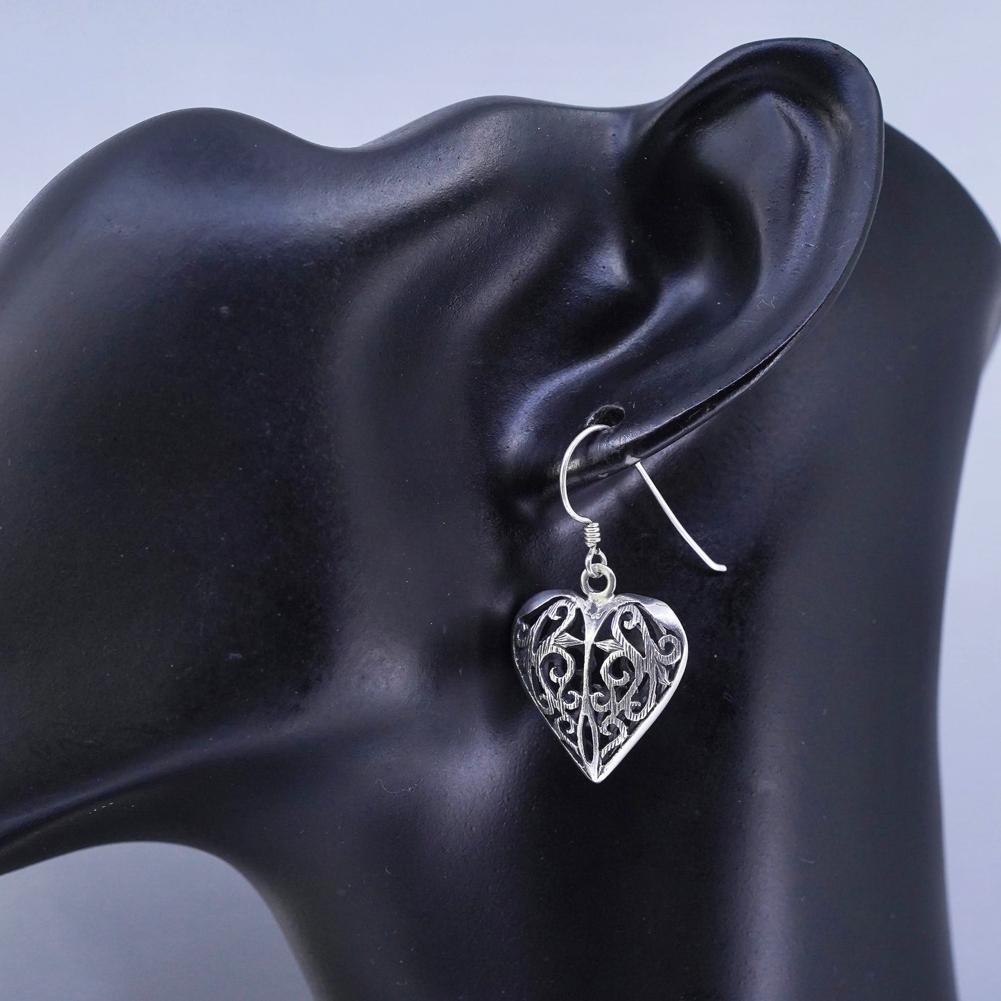 Vintage Sterling 925 silver handmade filigree puffy heart earrings