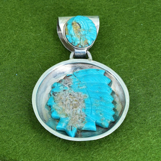 Native American Sterling silver 925 circle pendant with turquoise Indian chief