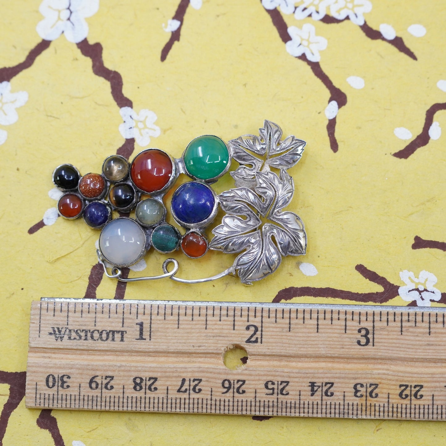 sterling 925 silver grapes vine brooch carnelian lapis jade rutilated quartz