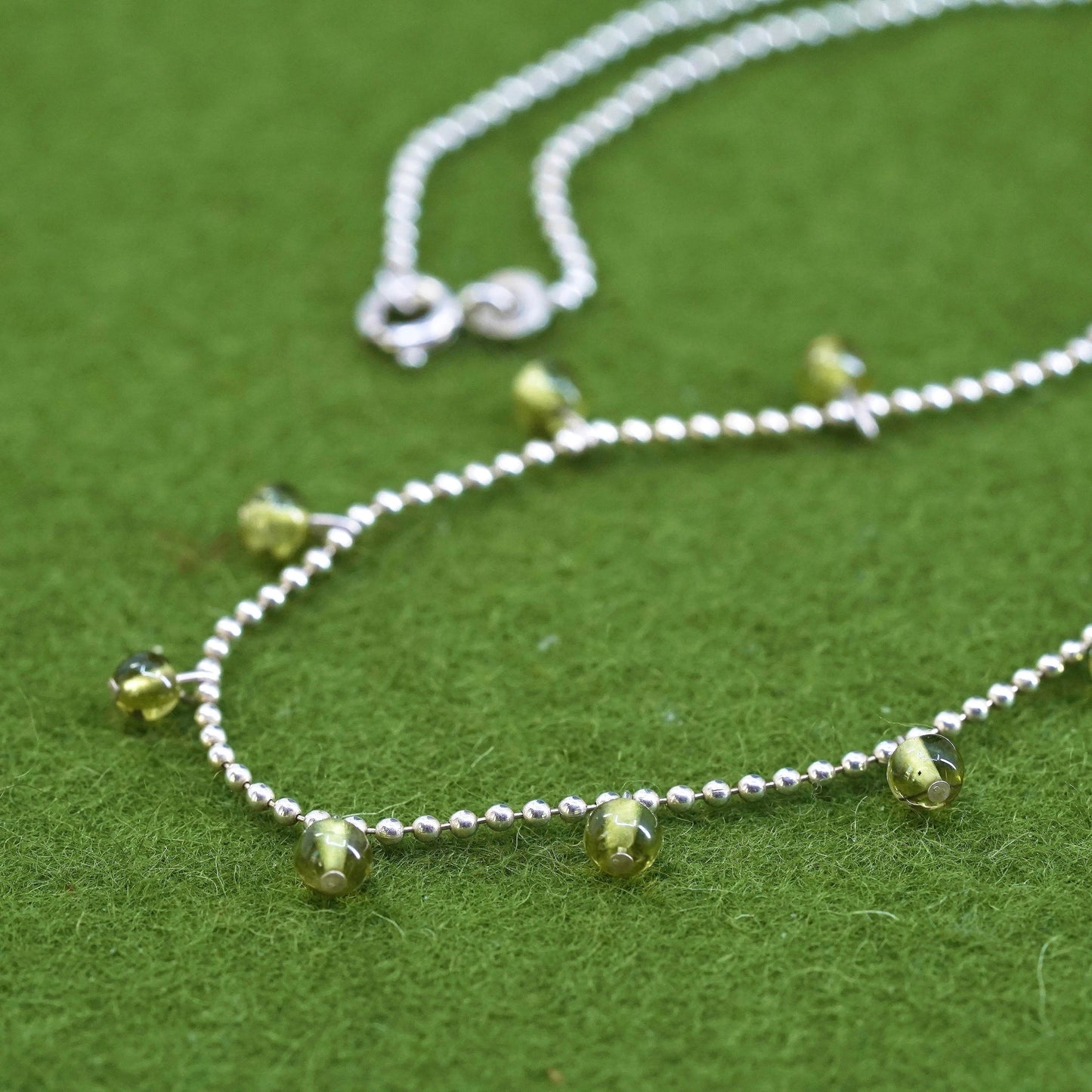 16", sterling silver handmade beads necklace, 925 silver chain peridot beads