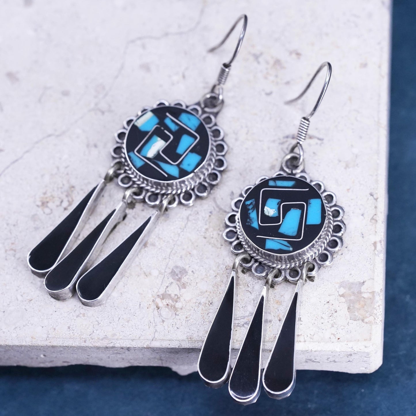 Mexican Sterling silver earrings, 925 circle with turquoise teardrop dangles