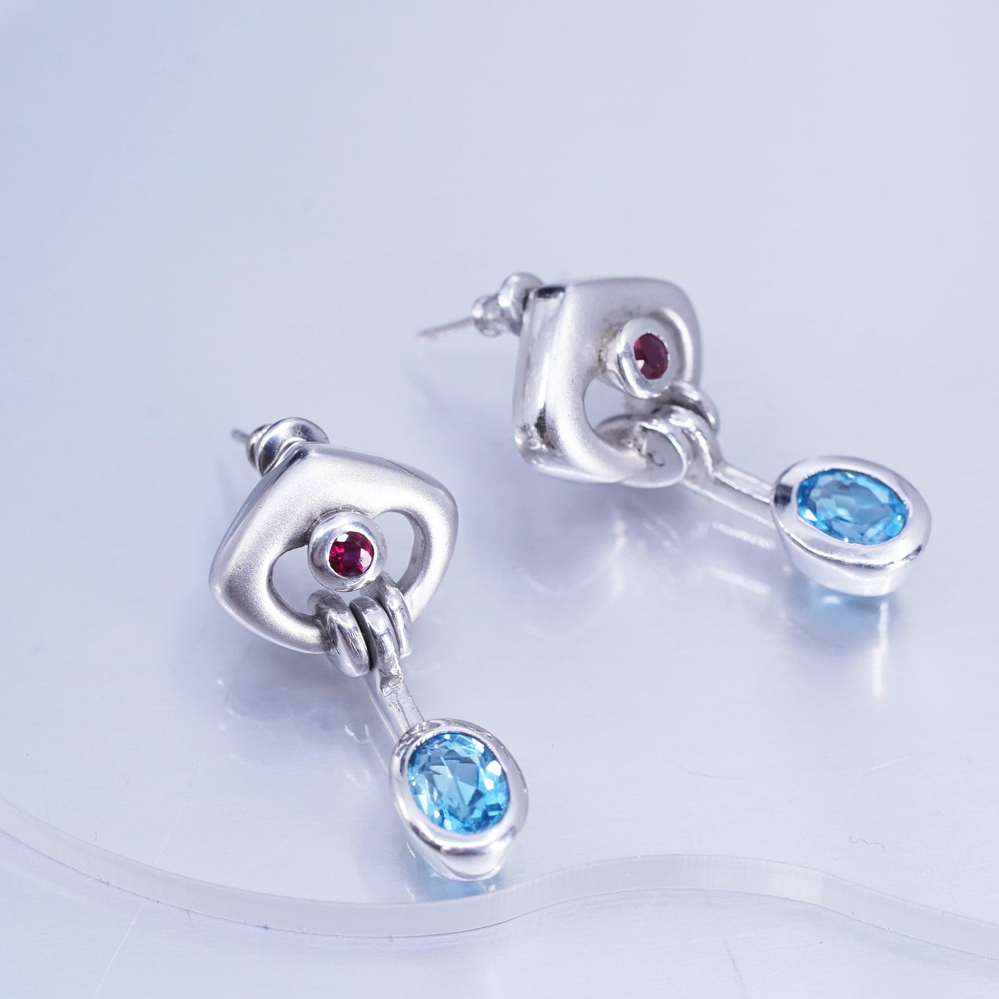 Vintage Sterling 925 silver handmade earrings with blue topaz and ruby