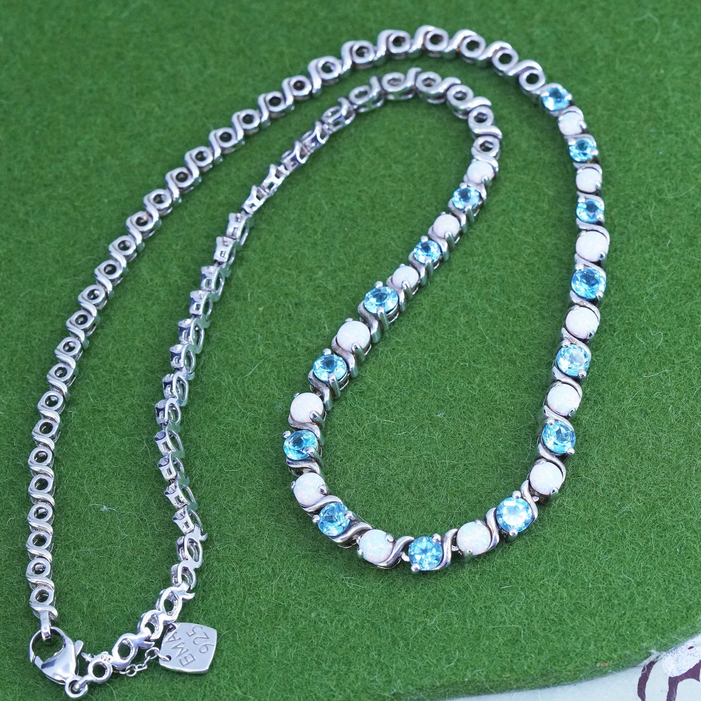 17", EMA sterling 925 silver tennis necklace with white opal and aquamarine