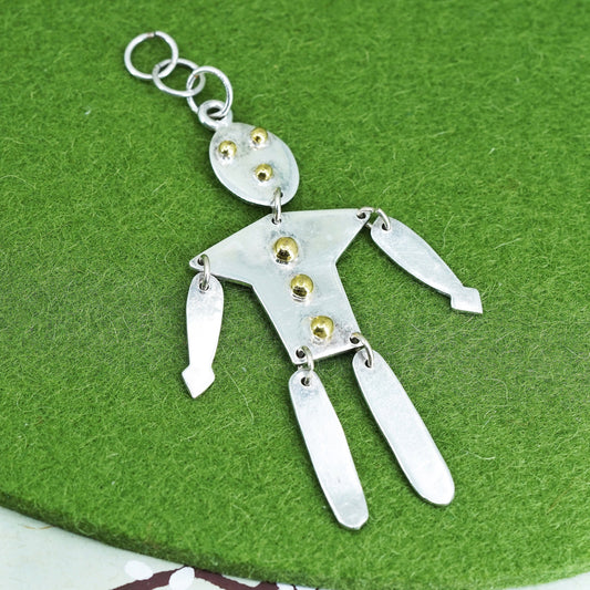 Mexican two tone sterling silver handmade pendant, 925 wiggly man Christmas pin