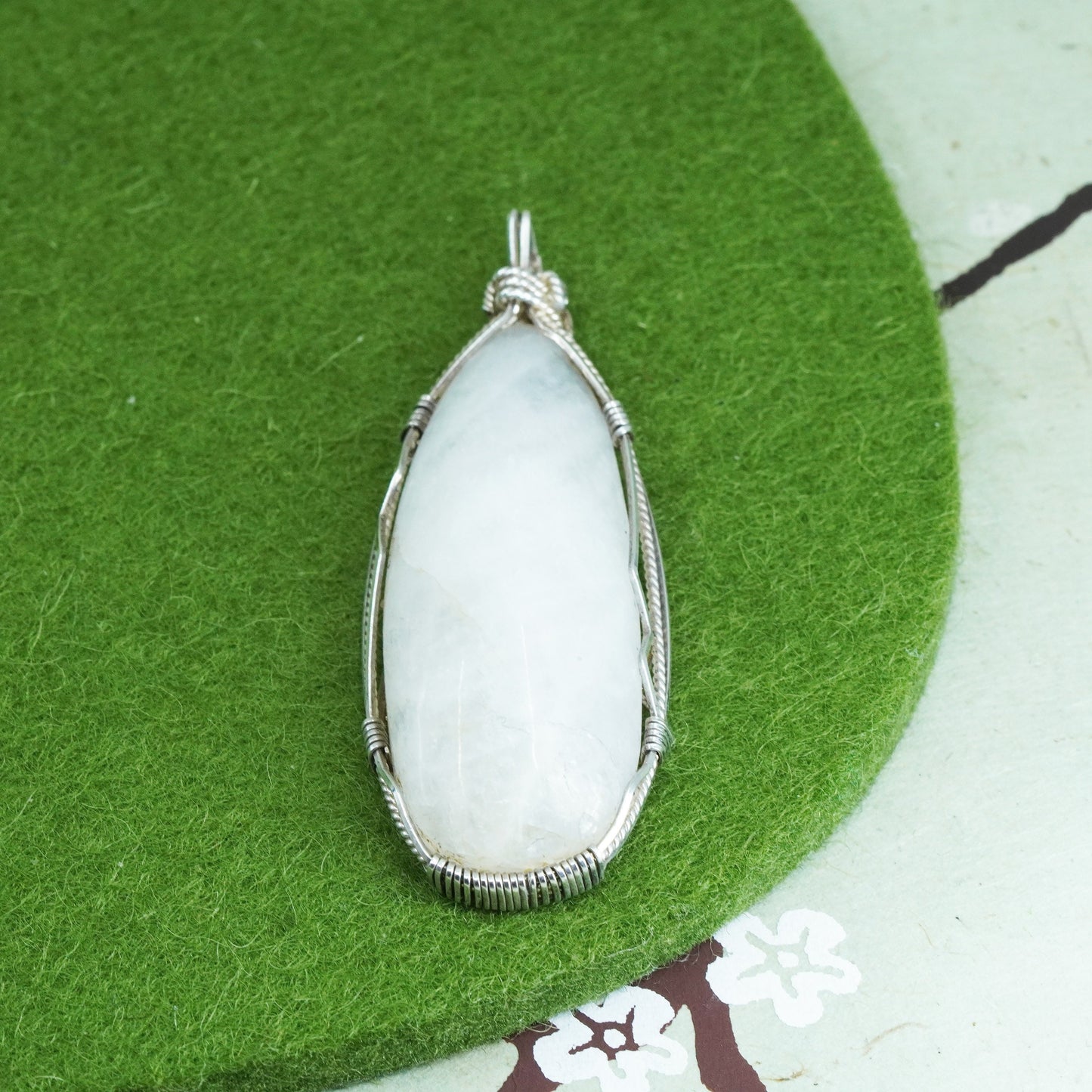 Vintage Sterling silver handmade pendant, 925 silver wired teardrop moonstone