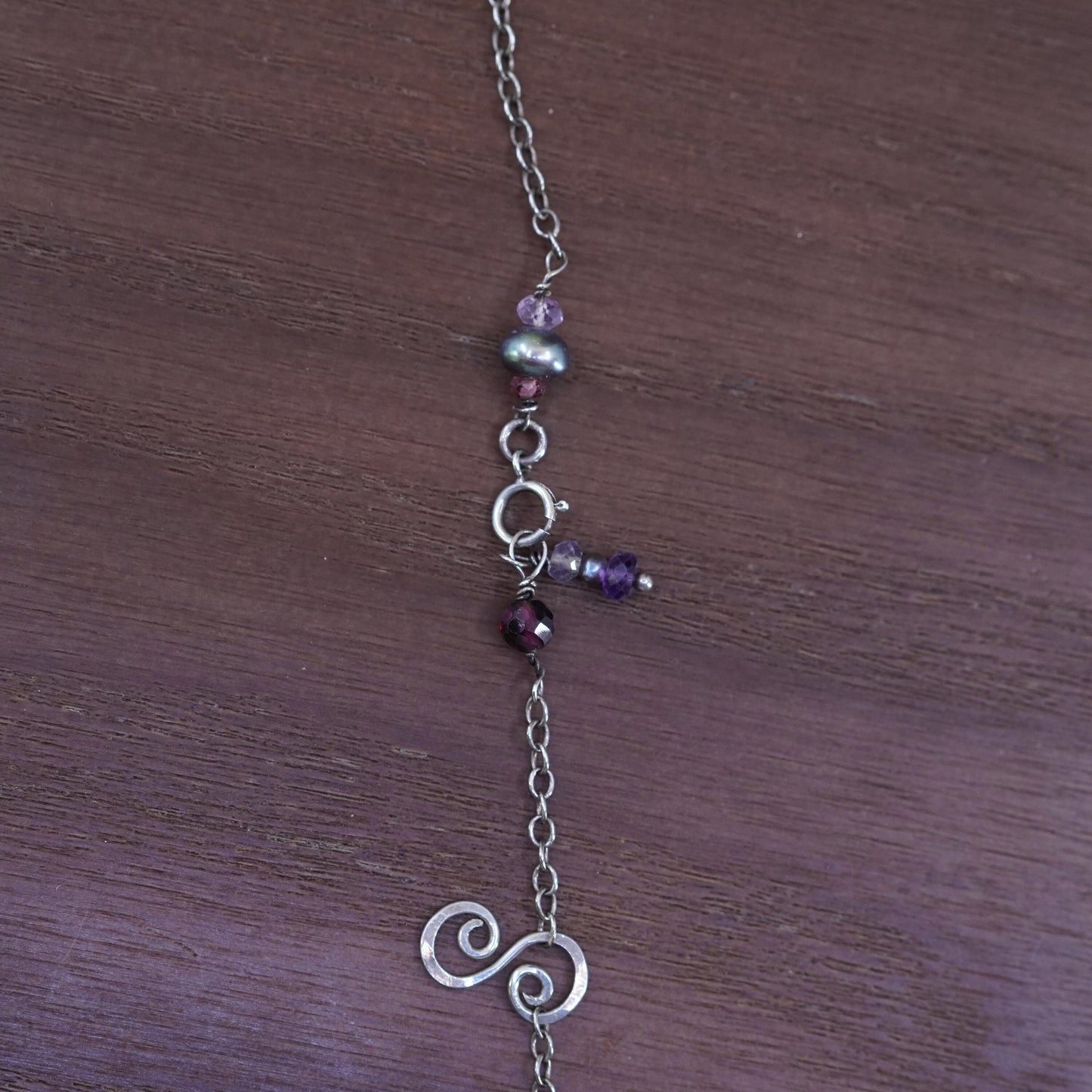 16”, sterling silver necklace, 925 circle chain pearl amethyst garnet pendant