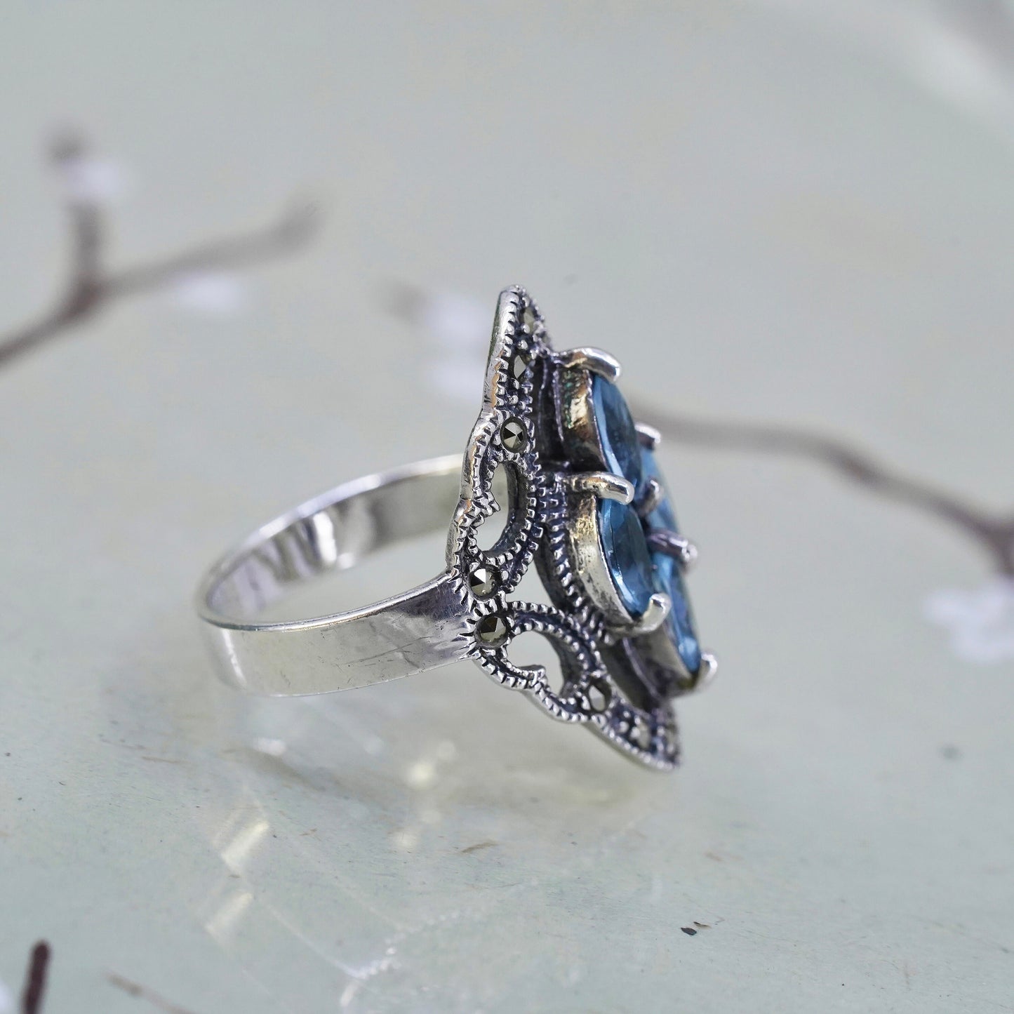 Size 6, Sterling 925 silver handmade ring with blue Crystal and marcasite