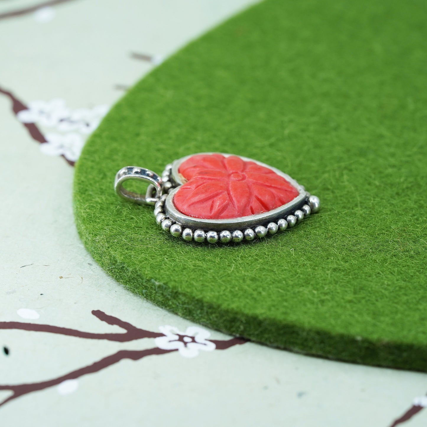 Vintage Sterling silver 925 carved red cinnabar heart pendant with beads around