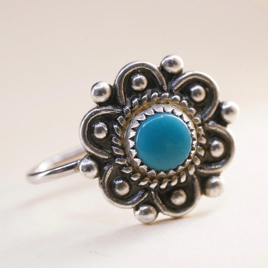 Vintage sterling silver single earring, 925 screw back flower with turquoise