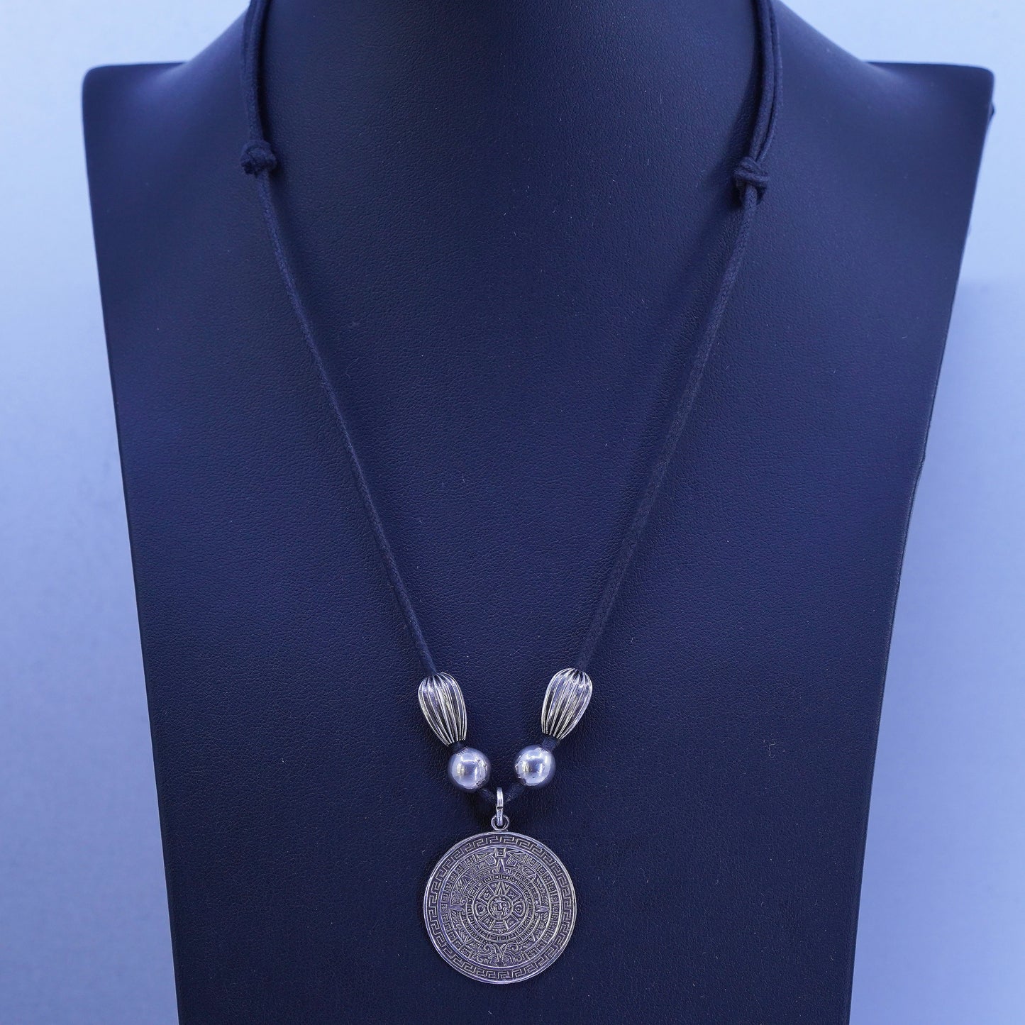 Mexican linen chain necklace with sterling 925 silver Mayan calendar pendant