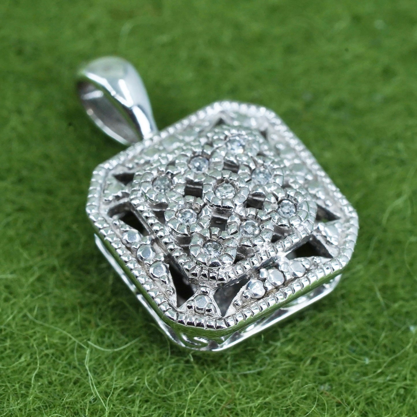 vintage Sterling silver Pendant, 925 square with cluster real diamond