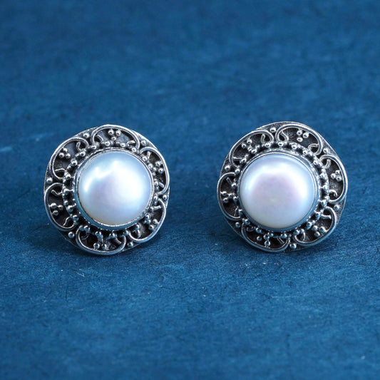 Sterling 925 silver Bali earrings with freshwater pearl studs, handmade jewelry