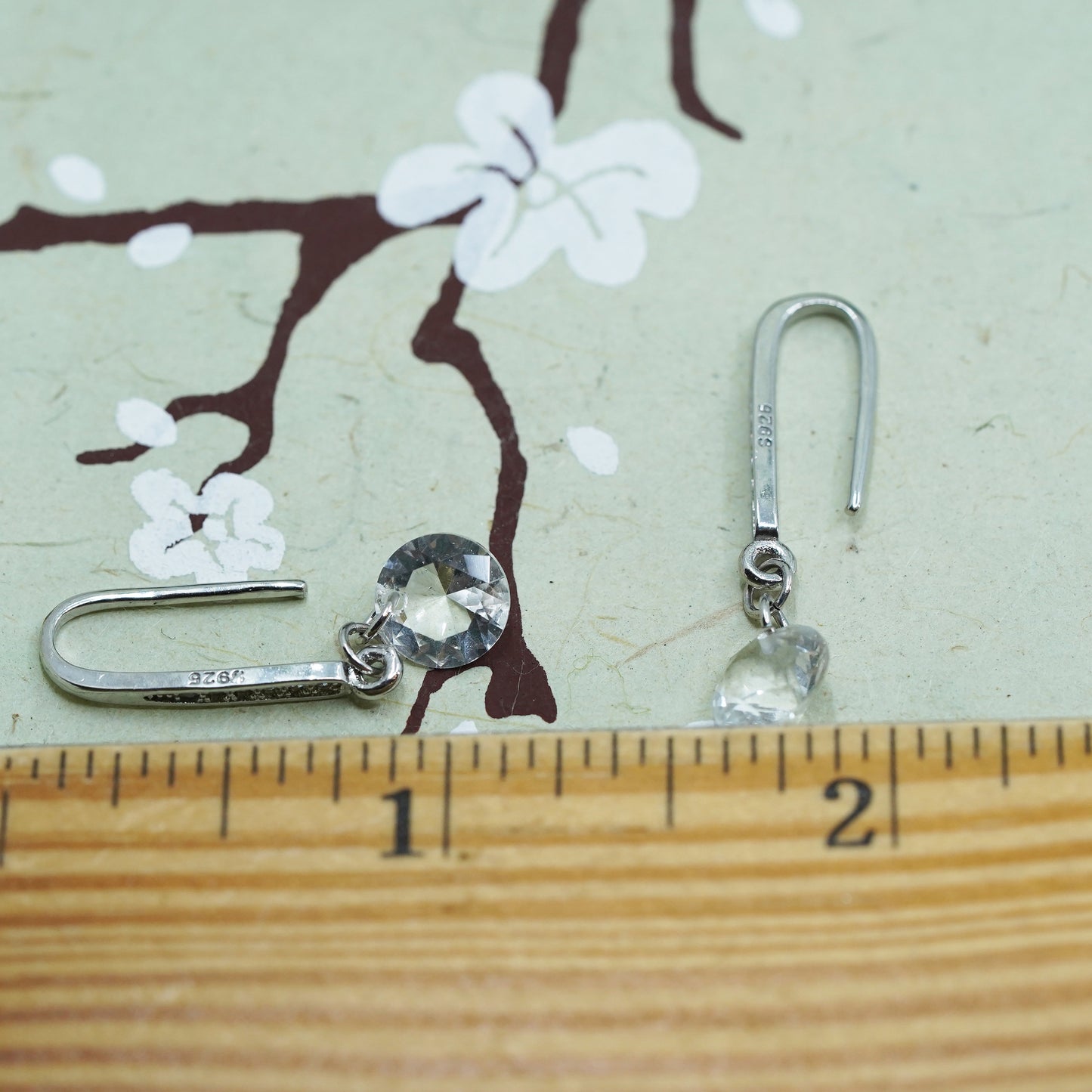 vintage sterling silver earrings, 925 silver hooks with clear cz, Huggie with clear Cz