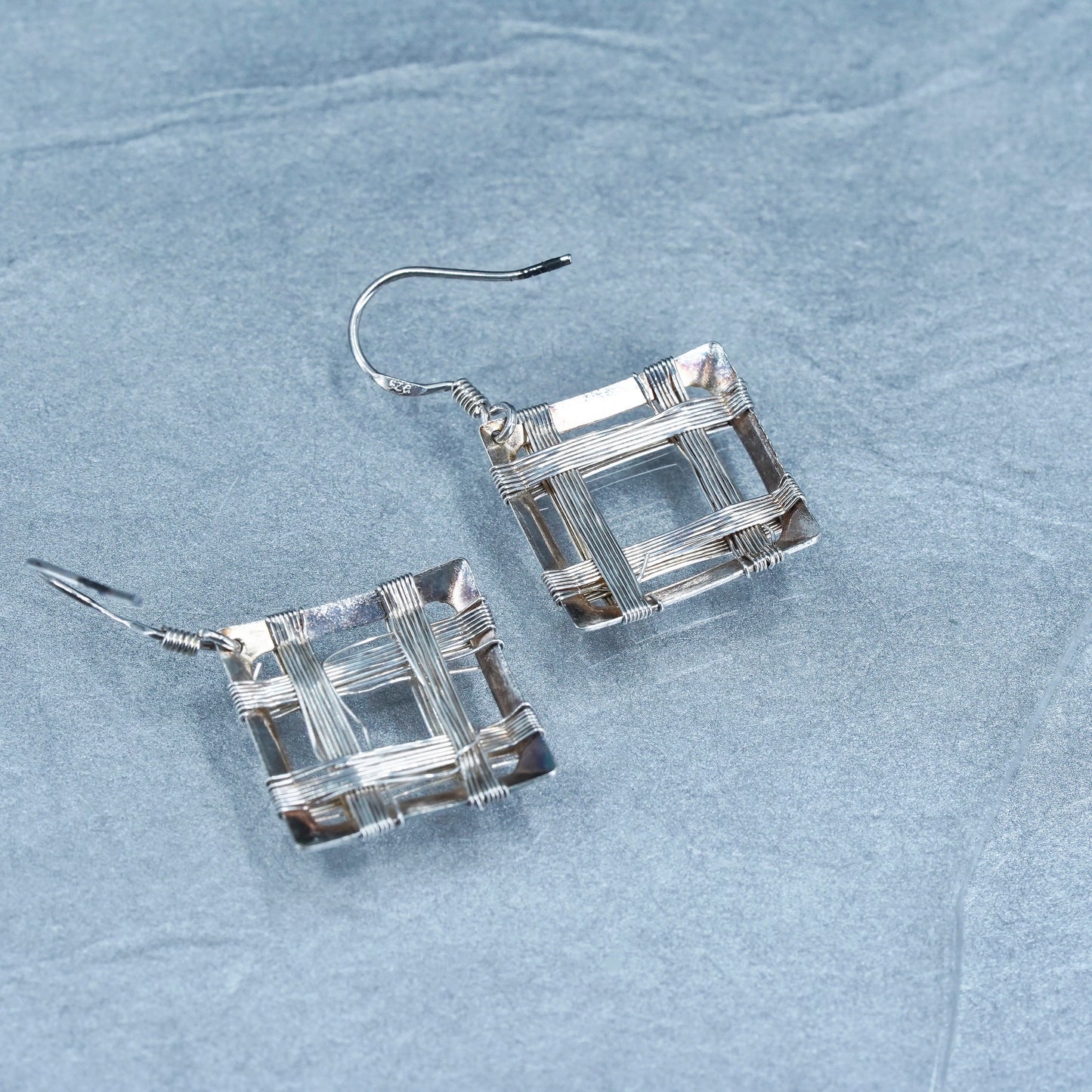 vintage Sterling silver handmade earrings, wired 925 square dangled