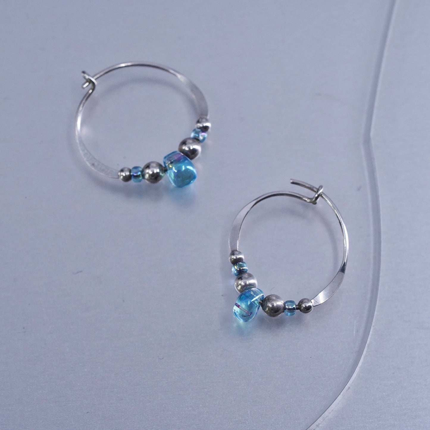 0.75”, Sterling silver handmade earrings, 925 hoops with blue glass beads