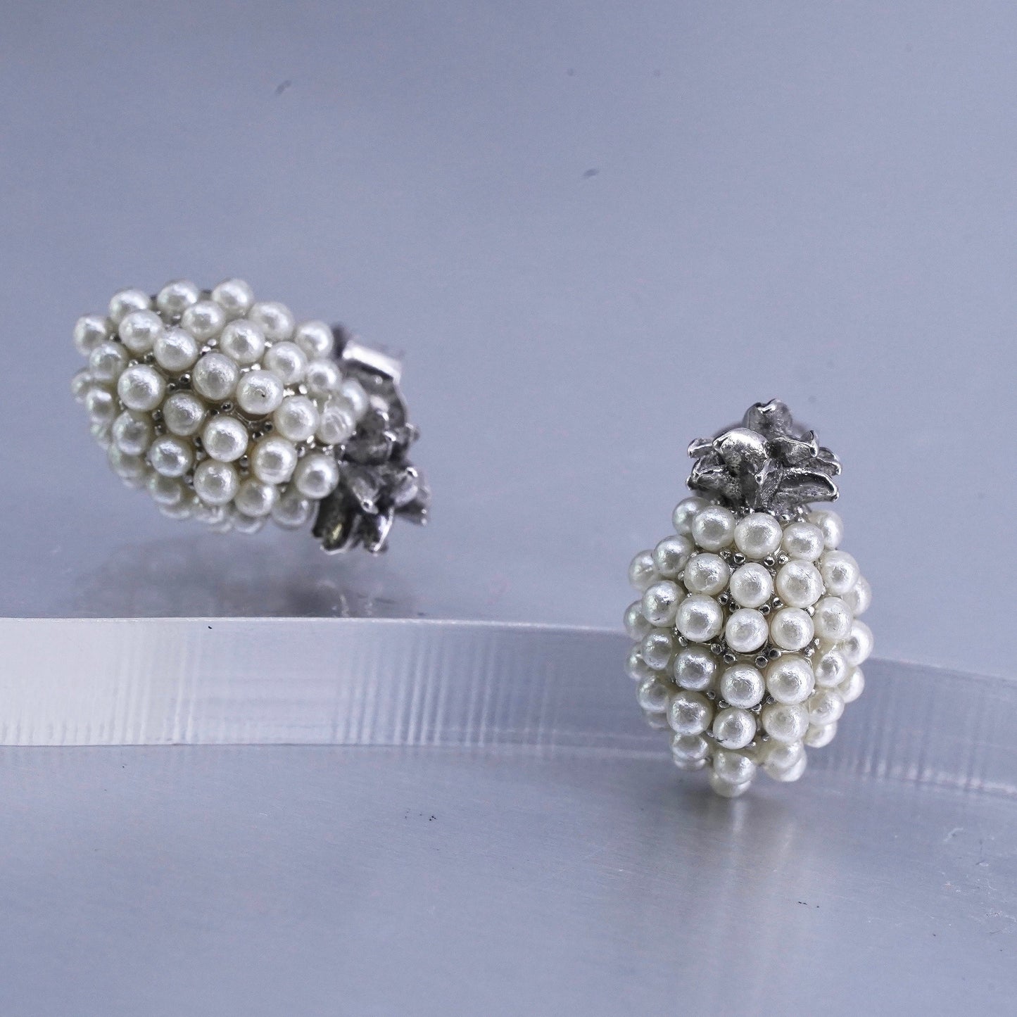 Vintage Sterling 925 silver handmade earrings, cluster pearl grenade studs