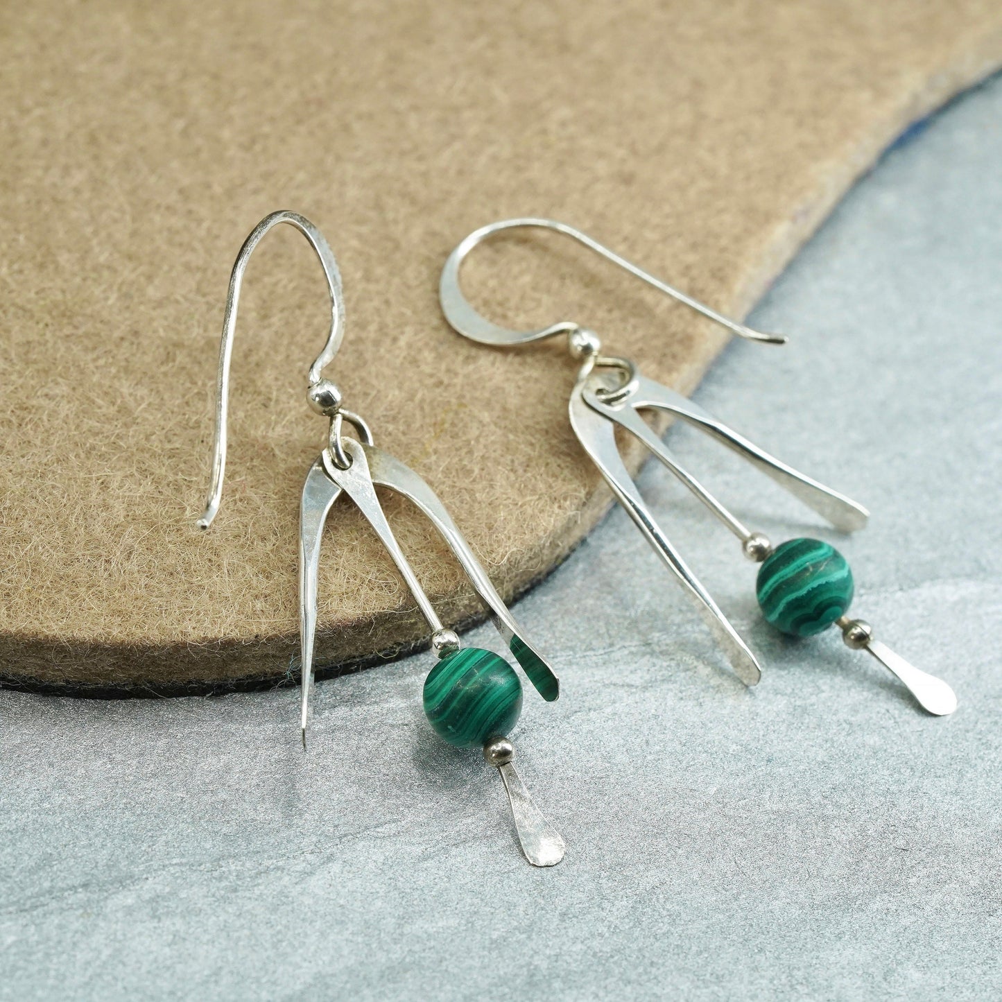 Vintage Sterling 925 silver handmade earrings with malachite beads