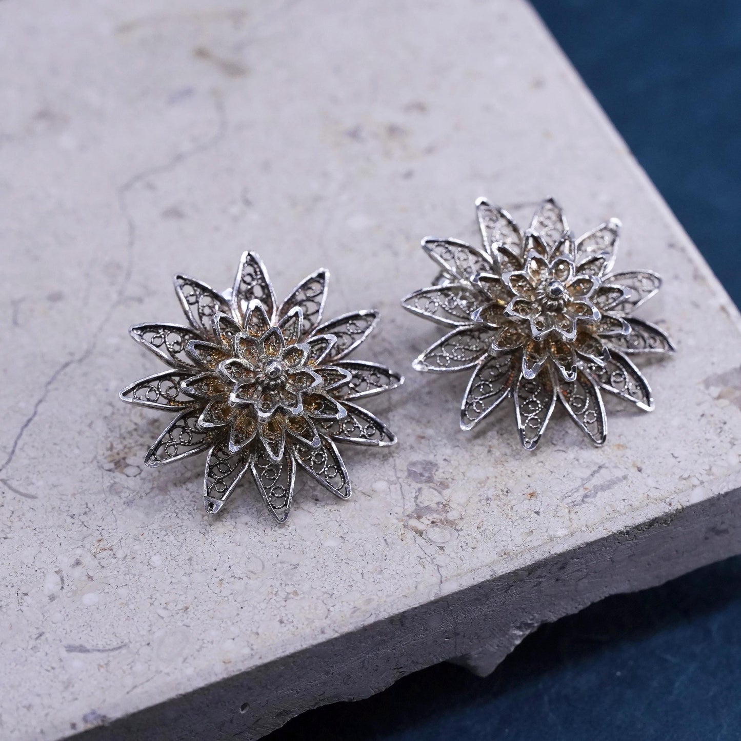 Vintage sterling silver handmade earrings, 925 filigree flower studs