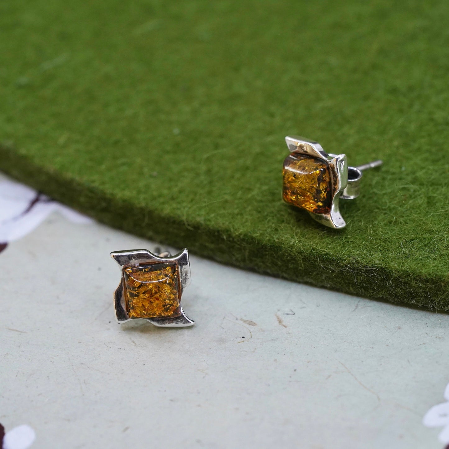 Vintage Sterling 925 silver handmade earrings with square amber studs