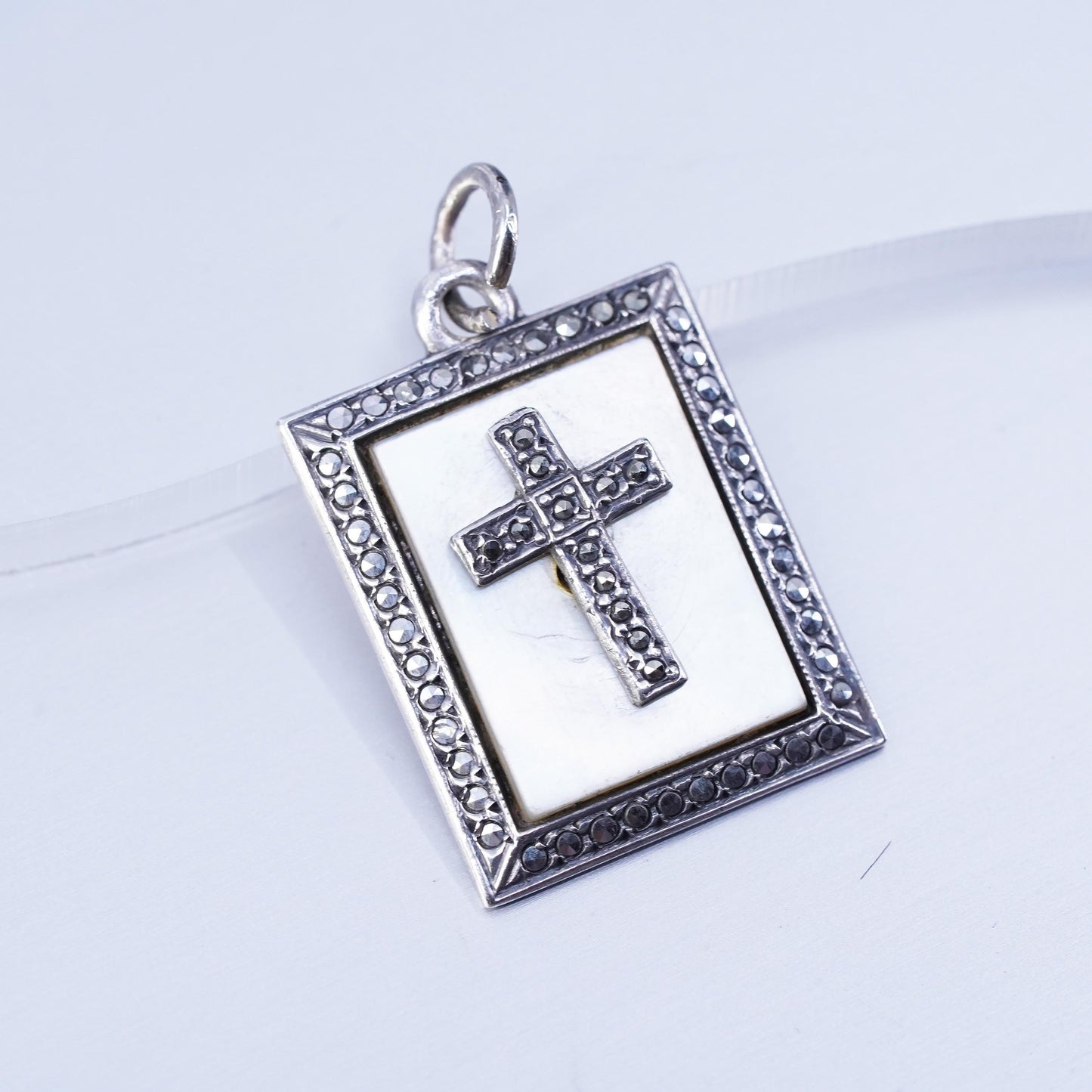 Sterling silver 925 handmade cross pendant with mother of pearl and Marcasite