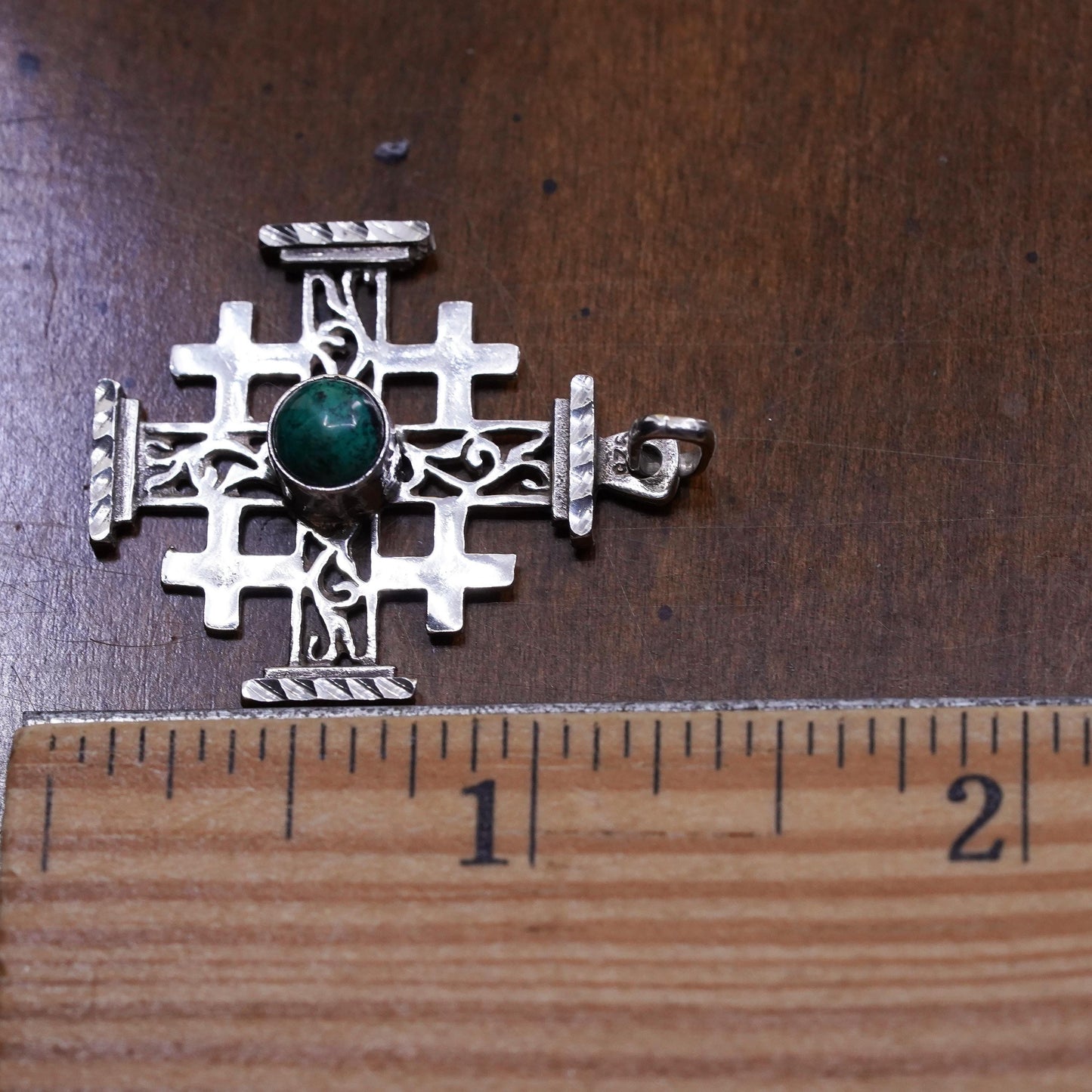 Vintage Sterling silver handmade pendant, 925 Jerusalem cross with turquoise