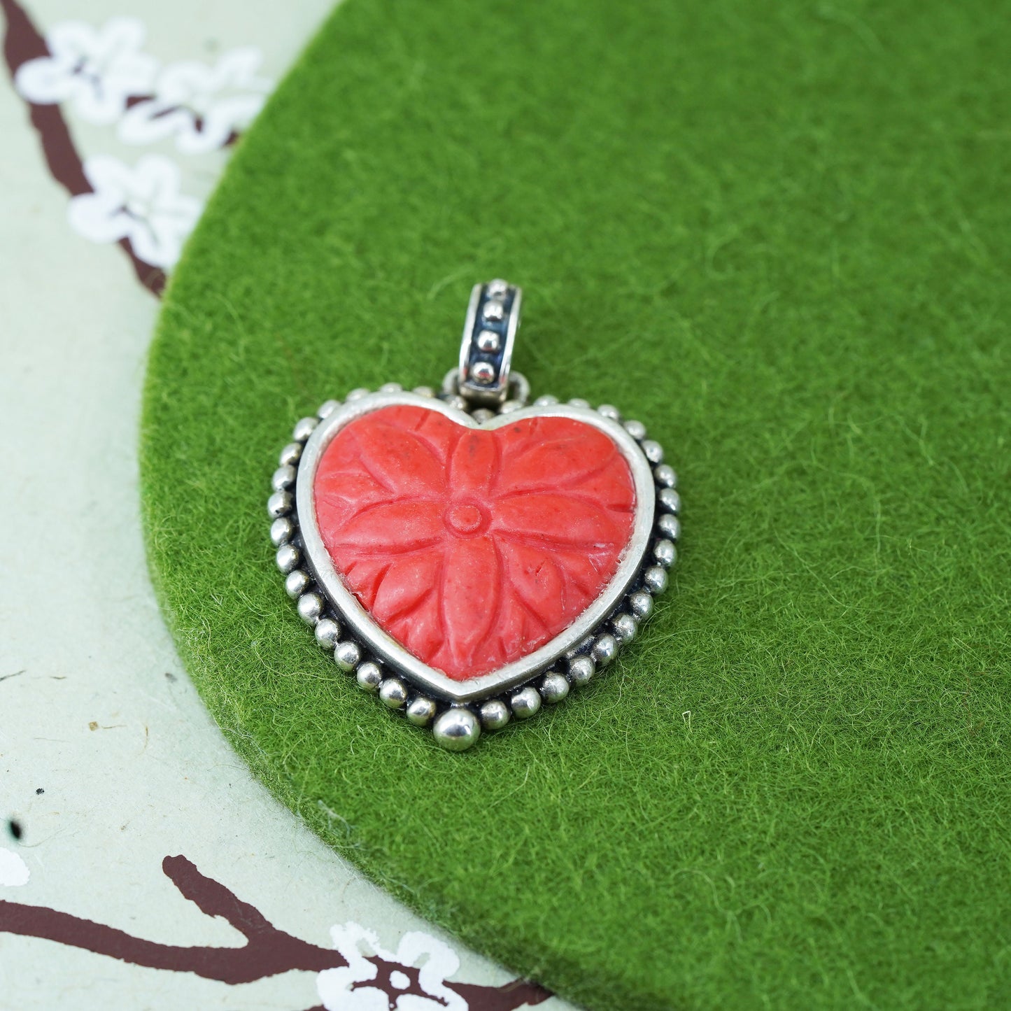 Vintage Sterling silver 925 carved red cinnabar heart pendant with beads around