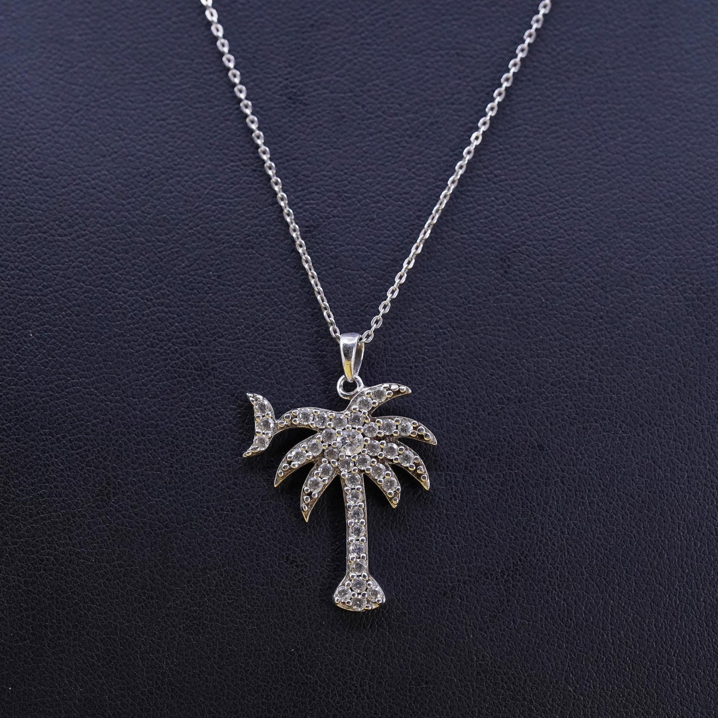 18”, Vintage Sterling silver handmade pendant, 925 palm tree with cluster cz