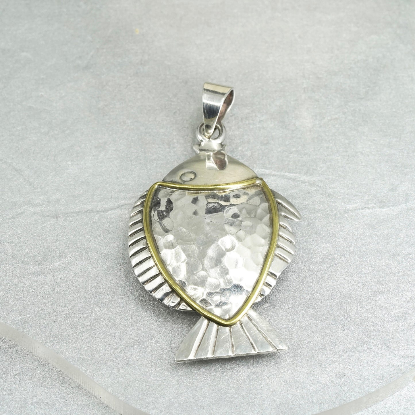 vintage two tone Sterling silver handmade charm, 925 fish pendant