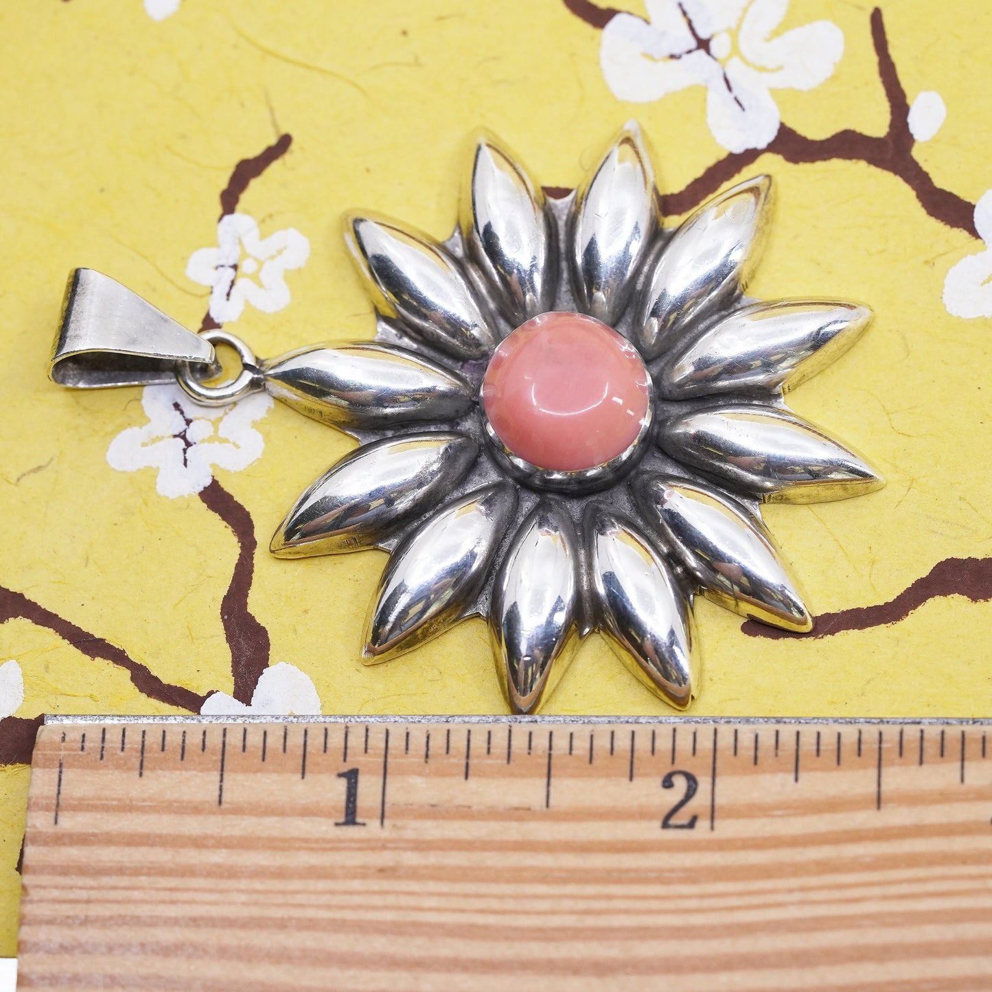 Vintage Mexican Sterling 925 silver handmade sun sunflower pendant red jasper