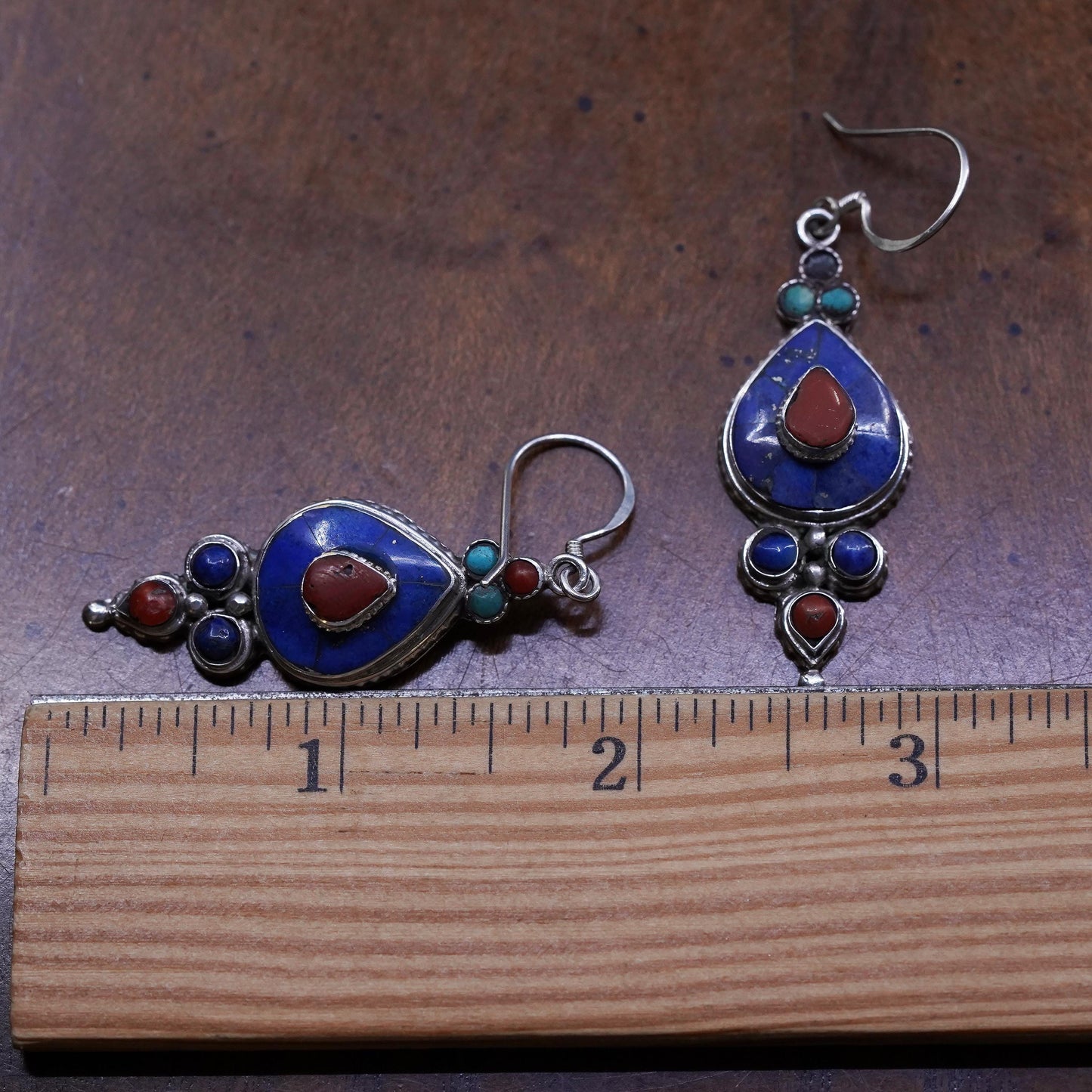 Native American Sterling 925 silver teardrop earrings turquoise coral lapis