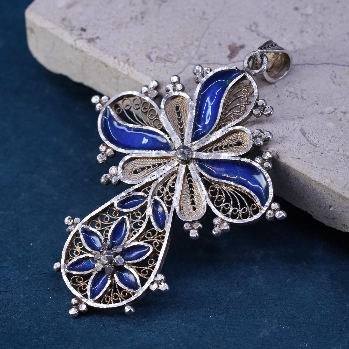 Vintage Sterling silver handmade pendant, huge 925 filigree cross blue enamel