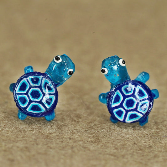 Vintage silver tone earrings, studs with blue turtle inlay