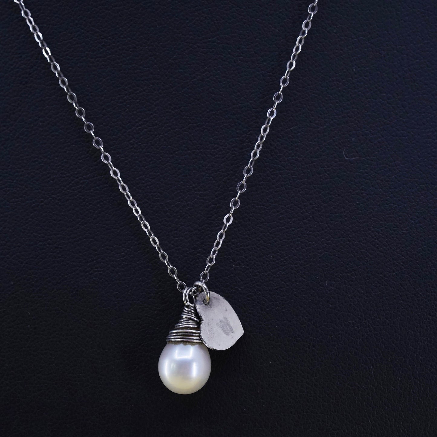 16", sterling silver handmade necklace, 925 flatten circle chain pearl pendant