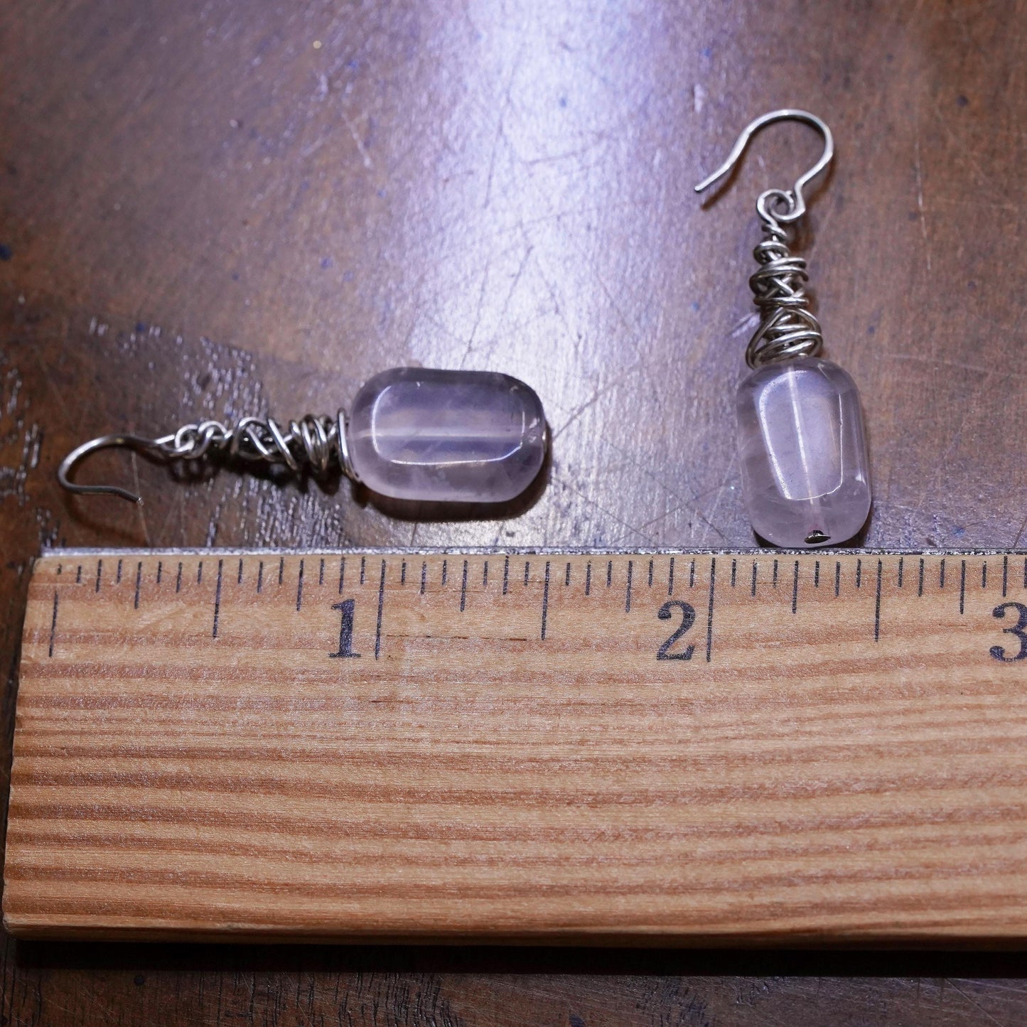 Vintage Sterling 925 silver handmade wired earrings with pink quartz