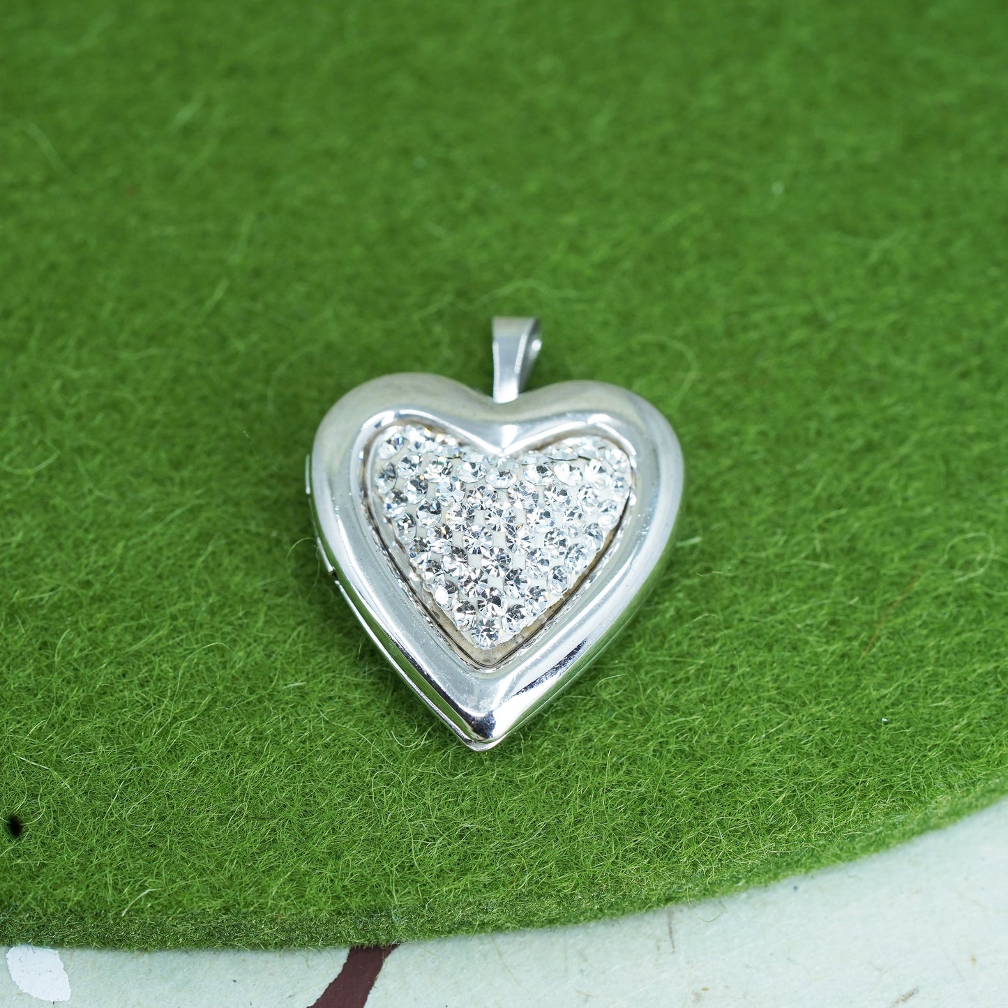 Vintage sterling silver photo locket charm pendant, 925 heart with cluster cz