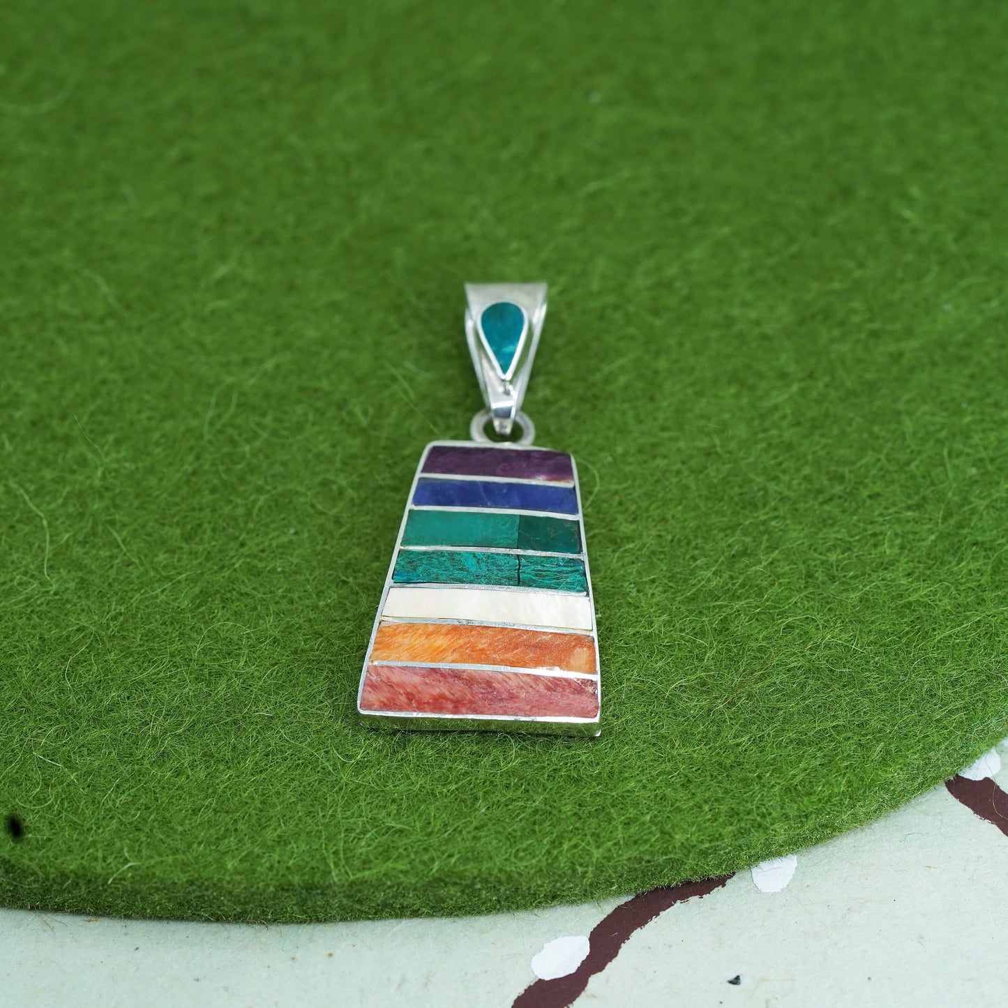 Sterling 950 triangular pendant, Peruvian Inca silver, coral chakra a pyramid