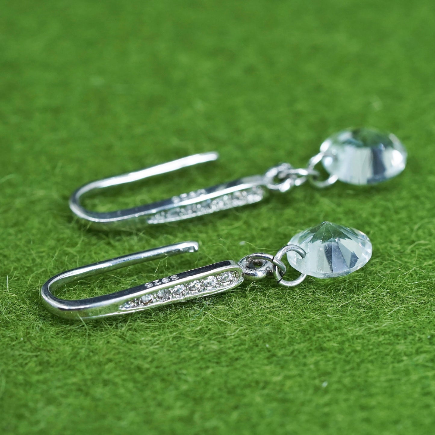 vintage sterling silver earrings, 925 silver hooks with clear cz, Huggie with clear Cz