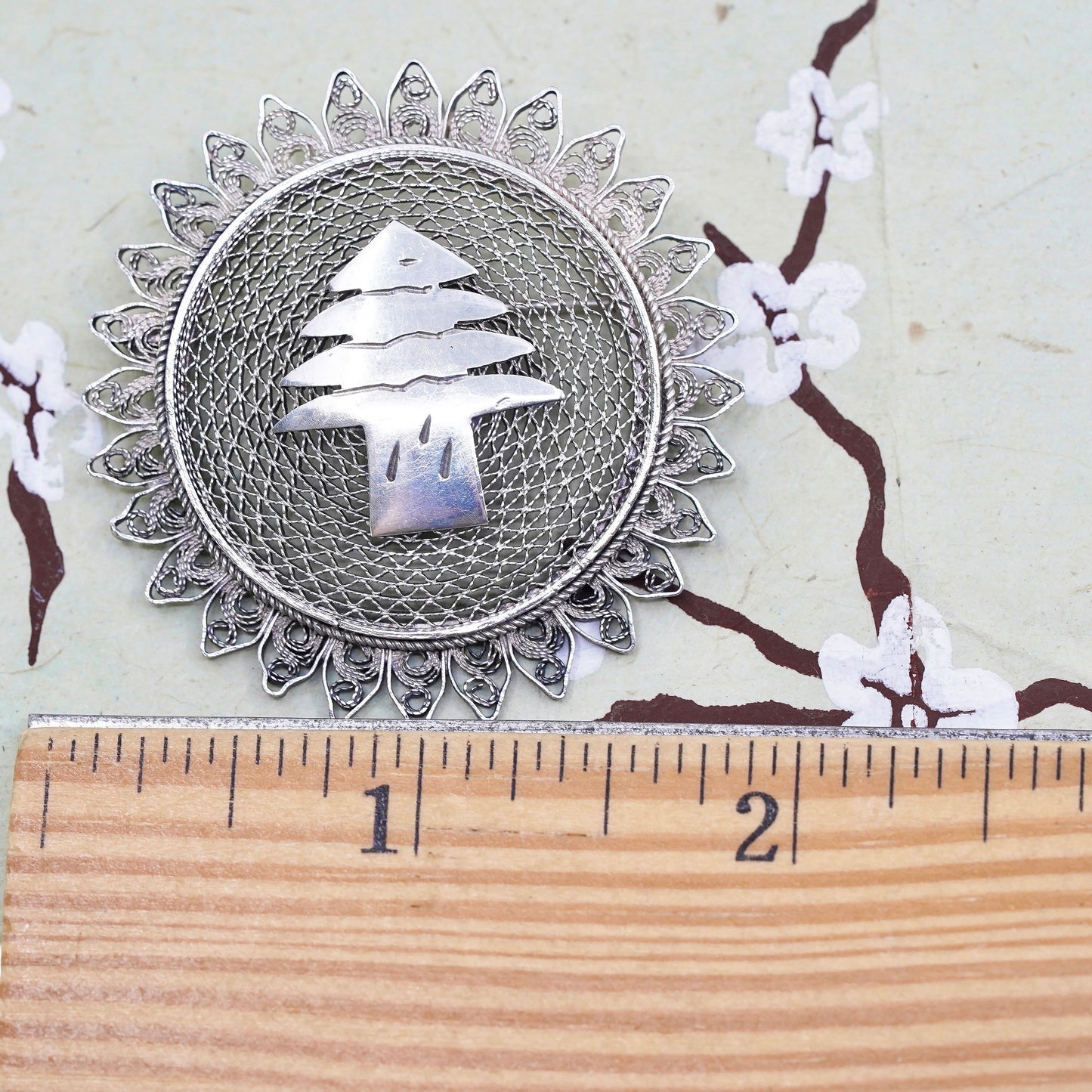 Vintage sterling silver brooch, 925 filigree circle pin with Christmas tree