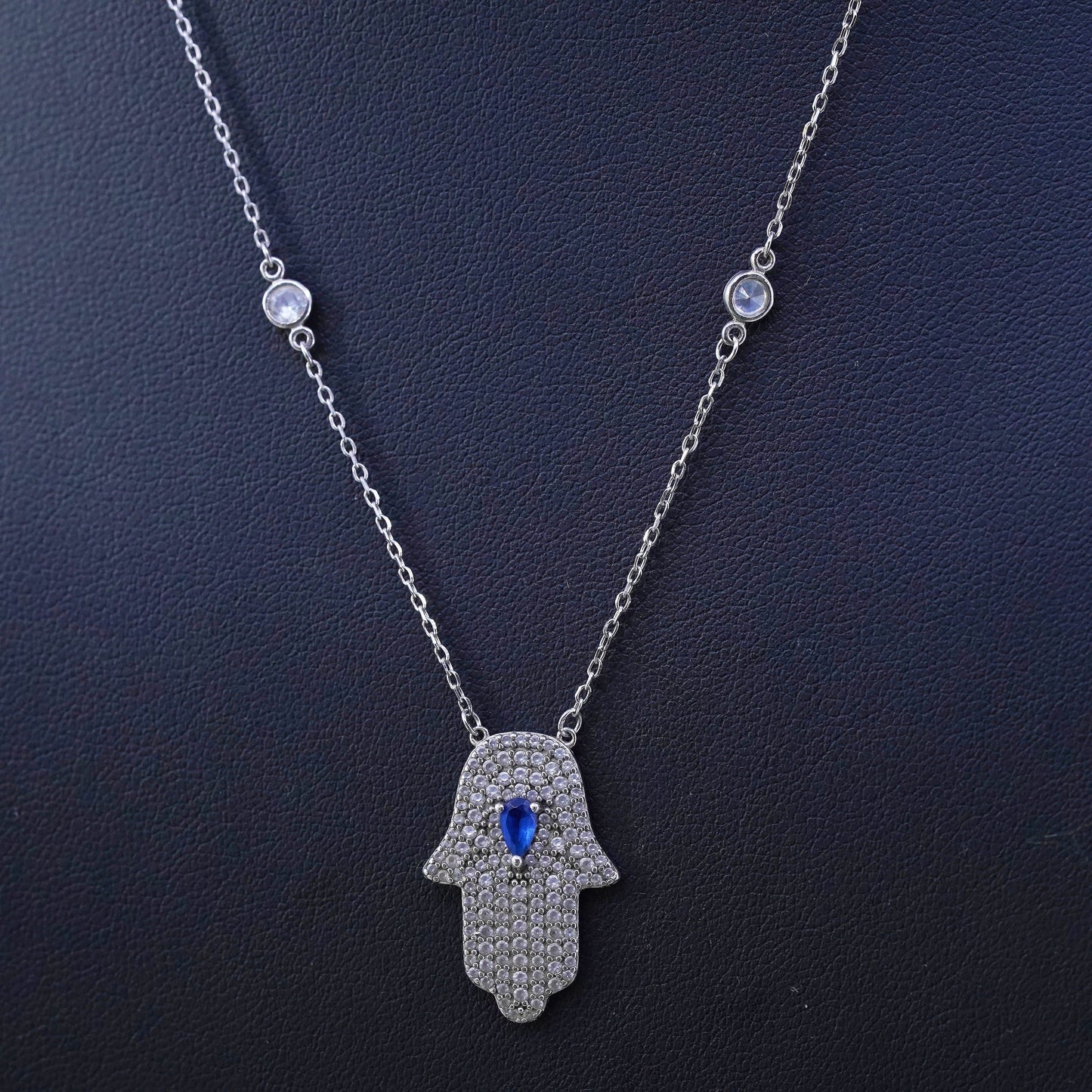 Sterling silver necklace, 925 circle chain Hamsa hand and sapphire, cluster cz