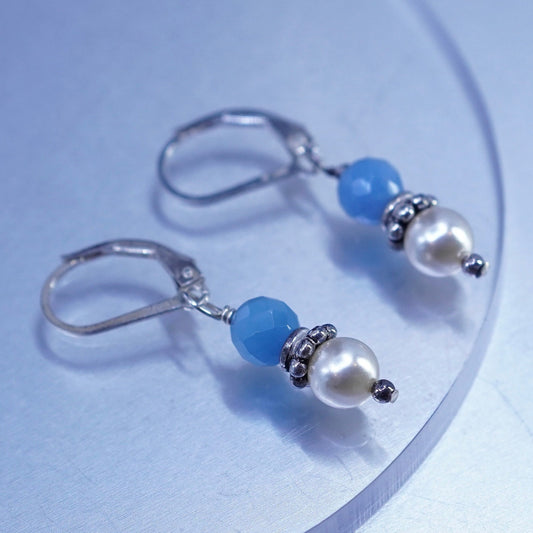 Vintage sterling silver 925 earrings with pearl and blue crystal