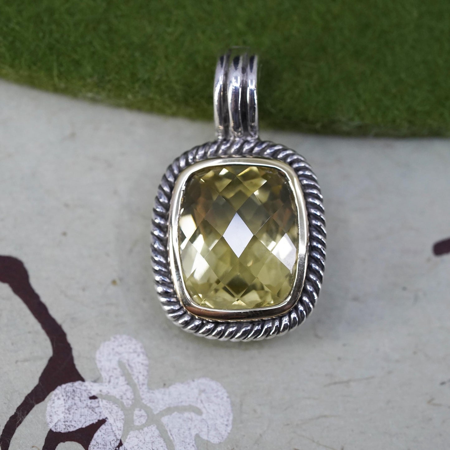 Vintage sterling 925 silver pendant checkerboard citrine 14K yellow gold trim