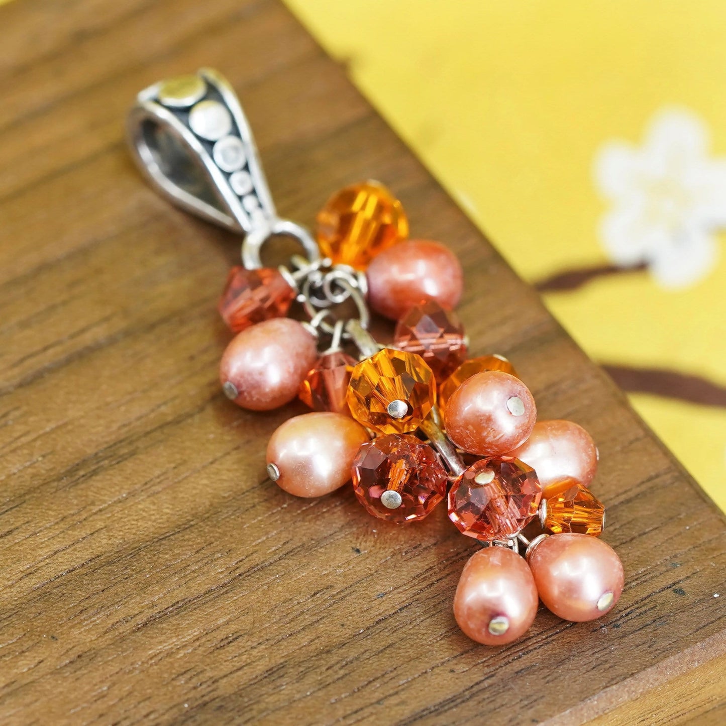 Vintage Sterling 925 silver handmade pendant with orange pearl